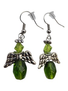 Silver-Tone Angel Wing Dangle Earrings with Green Faceted Beads  1 Pair