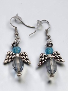 Handmade Silver-Tone Angel Wing Dangle Earrings with Blue & Clear Faceted Beads  1 Pair