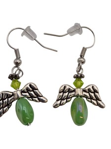 Handmade Silver-Tone Angel Wing Dangle Earrings with Green Beads  1 Pair