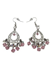 Handmade Silver-Tone Filigree Chandelier Earrings with Pink & Clear Beads  1 Pair