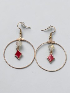 Handmade Gold-Tone Hoop Dangle Earrings with Red Diamond Charms  1 Pair
