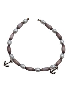 Silver-Tone Double Anchor Charm Gray Beaded Anklet  Lobster Clasp