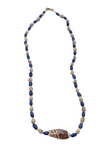 Blue Bead & Seashell Necklace with Large Shell Centerpiece