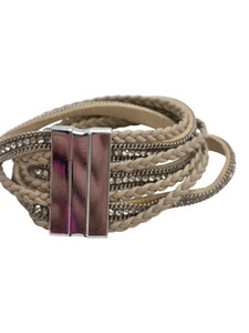 Beige Multi-Strand Braided Rhinestone Wrap Bracelet  Silver-Tone Clasp