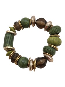 Chunky Green & Brown Beaded Stretch Bracelet  Gold-Tone Spacer Accents