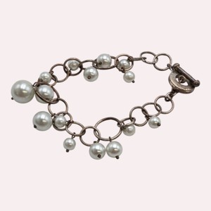 Silver-Tone Link Charm Bracelet with White Faux Pearl Dangles  Toggle Clasp