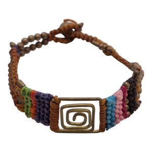 Boho Multicolor Woven Beaded Bracelet  Bronze-Tone Geometric Spiral & Bell Closure