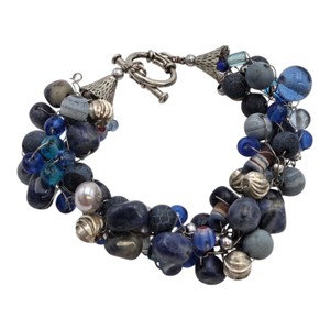Blue Mixed Bead Cluster Charm Bracelet  Silver-Tone Toggle Clasp