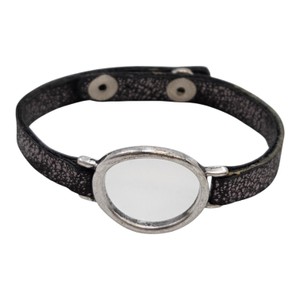 Black Leather-Look Snap Bracelet with Silver-Tone Oval Frame  Missing Center Insert