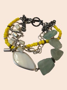 Multistrand Yellow Seed Bead & Aqua Stone Charm Bracelet  Silver-Tone Toggle