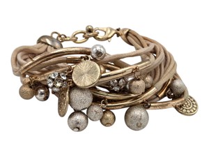Beige Multi-Strand Cord Charm Bracelet  Gold-Tone Tubes, Beads & Rhinestones