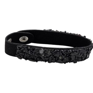 Black Stone Chip & Rhinestone Suede-Look Snap Cuff Bracelet