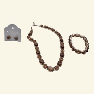 Smoky Brown Faceted Stone Jewelry Set  Necklace, Stretch Bracelet & Stud Earrings