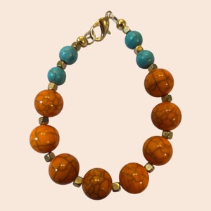 Orange & Turquoise Stone-Look Bead Bracelet  Gold-Tone Lobster Clasp