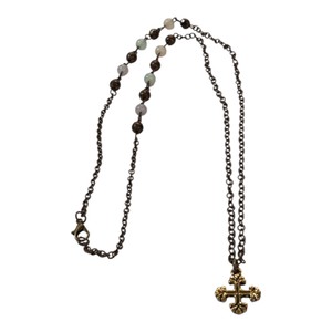 Antique Brass-Tone Beaded Cross Pendant Necklace  Fleur-de-Lis Style