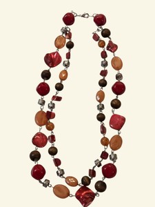 Two-Strand Red Orange & Brown Mixed Bead Statement Necklace