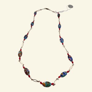 Millefiori-Style Multicolor Glass Bead Necklace with Silver-Tone Links