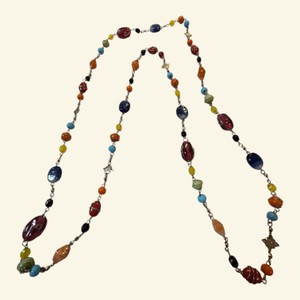 Lot of 2 Long Multicolor Beaded Necklaces with Silver-Tone Links