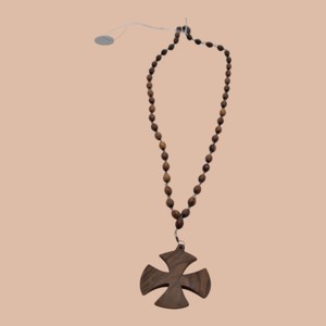 Brown Wooden Bead Necklace with Large Wood Cross Pendant