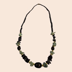 Black & Green Stone Chip Beaded Statement Necklace with Gold-Tone Accents