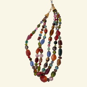 Multicolor 3-Strand Beaded Statement Necklace with Gold-Tone Hook Clasp