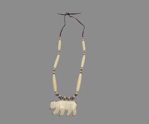 Carved Bear Pendant Necklace with Ivory-Tone Beads & Silver-Tone Accents