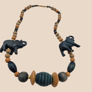 Carved Wood Elephant Bead Statement Necklace  Black, Gray & Brown