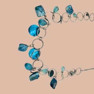 Blue Shell-Style Charm Statement Necklace  Silver-Tone Ring Chain