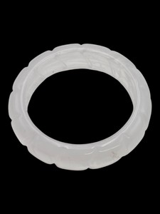 Translucent White Carved Wide Bangle Bracelet  Geometric Scalloped Design