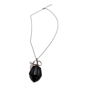 Black Oval Cabochon Wire-Wrapped Pendant Necklace  Adjustable Chain