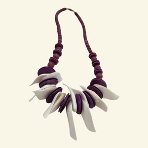 Purple & White Statement Bead Necklace with Oversized Disc and Shard-Style Beads