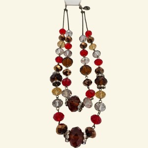 Double-Strand Red Brown Faceted Bead Statement Necklace with Rhinestone Accents