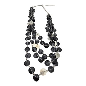 Multi-Strand Black Disc Bead Statement Necklace with Silver-Tone Accents