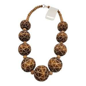 Oversized Brown Wood Bead Statement Necklace with Geometric Design