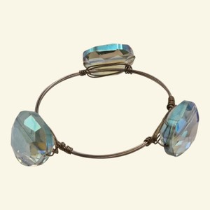 Blue Iridescent Faceted Stone Wire Bangle Bracelet  Bronze-Tone