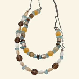 Two-Strand Mixed Bead Necklace with Blue Chip, Yellow, Brown & Cream Beads