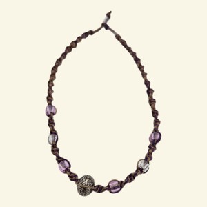 Braided Purple & Tan Cord Necklace with Translucent Beads & Silver-Tone Center