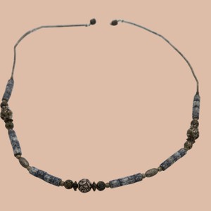 Blue Gray Tribal-Style Beaded Statement Necklace with Silver-Tone Screw Clasp