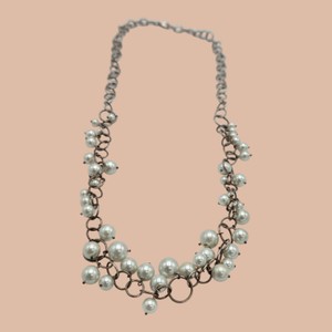 Silver-Tone Open Link Faux Pearl Cluster Statement Necklace