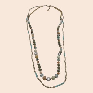 Multi-Strand Beaded Statement Necklace  Blue Green & Metallic-Tone Beads