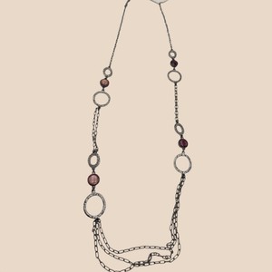 Long Multi-Strand Silver-Tone Chain Necklace with Hammered Rings & Burgundy Beads
