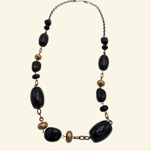 Black Chunky Bead Statement Necklace with Copper & Gold-Tone Accents