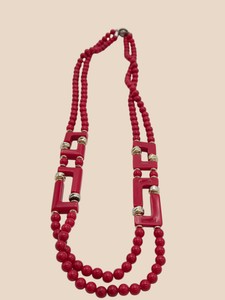 Double-Strand Red Beaded Statement Necklace with Geometric Accents