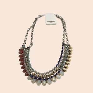 Layered Faceted Bead Bib Statement Necklace  Blue, Gray, Rust & Gold-Tone