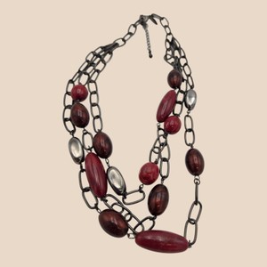 Multi-Strand Gunmetal-Tone Chain Necklace with Burgundy & Silver-Tone Beads
