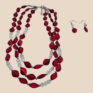 3-Strand Red & Clear Beaded Statement Necklace with Matching Earrings