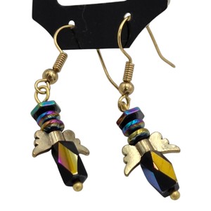 Gold-Tone Iridescent Beaded Angel Wing Dangle Hook Earrings