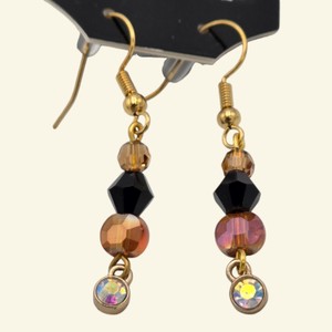 Gold-Tone Amber & Black Beaded Dangle Hook Earrings with Rhinestone Drops
