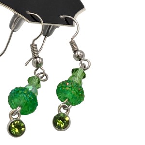 Silver-Tone Green Beaded Rhinestone-Style Dangle Hook Earrings