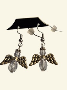 Handmade Clear Crystal-Style Beaded Angel Wing Dangle Hook Earrings